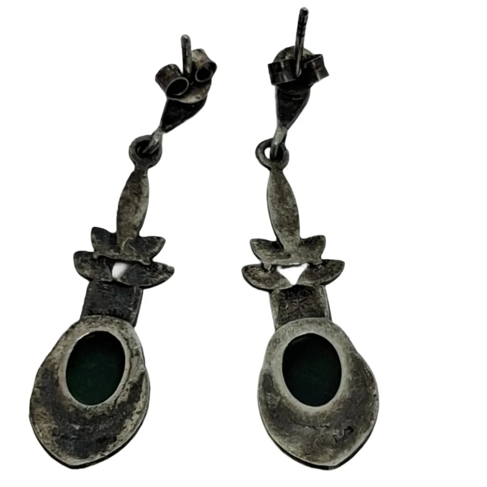 Vintage Sterling Silver Marcasite & Green Onyx Drop Earrings | Art Deco Style - Picture 5 of 5